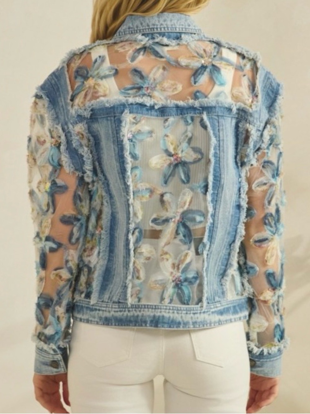 DENIM JACKET WITH FLORAL ORGANZA INSET - Picture 2 of 2
